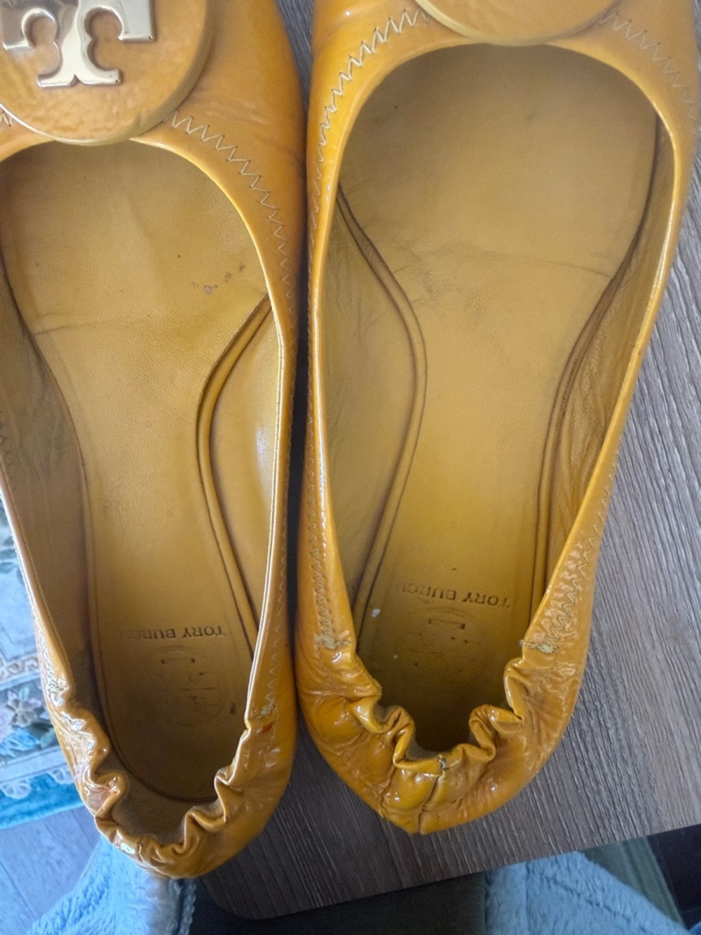 Tory Burch Mustard Yellow Logo Round-Toe Ballet Flats - Picture 8 of 10